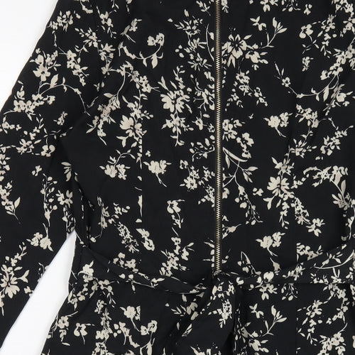 Blue Vanilla Womens Black Floral Polyester A-Line Size 10 Mock Neck Zip