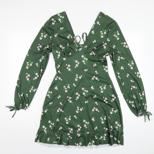 River Island Womens Green Floral Polyester A-Line Size 10 V-Neck Pullover