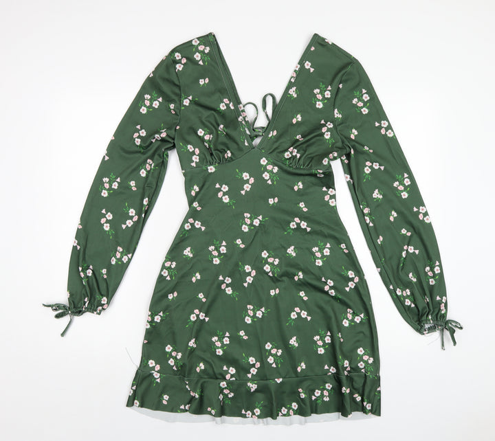 River Island Womens Green Floral Polyester A-Line Size 10 V-Neck Pullover
