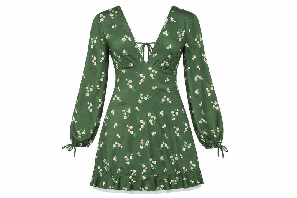 Front view of River Island women’s green floral polyester a-line, size UK 10, v-neck pullover