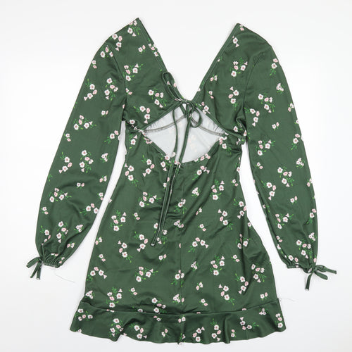 River Island Womens Green Floral Polyester A-Line Size 10 V-Neck Pullover