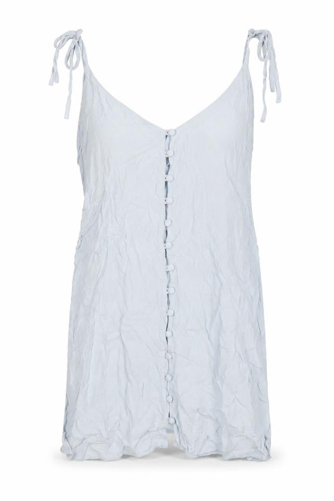 Front view of Topshop women’s blue viscose a-line, size UK 14, v-neck button