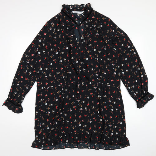 Zara Womens Black Floral Polyester A-Line Size L V-Neck Pullover
