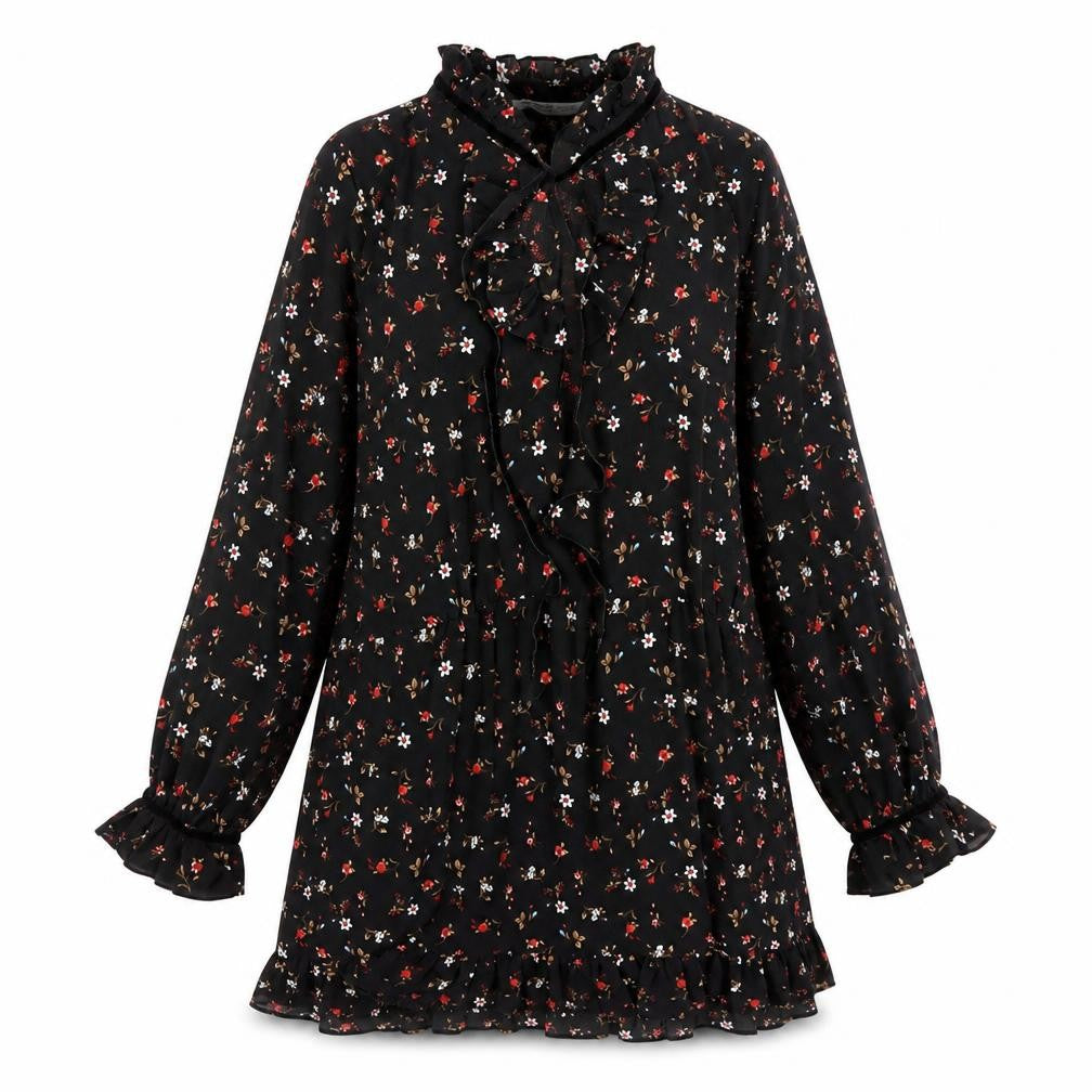 Front view of Zara women’s black floral polyester a-line, size L, v-neck pullover