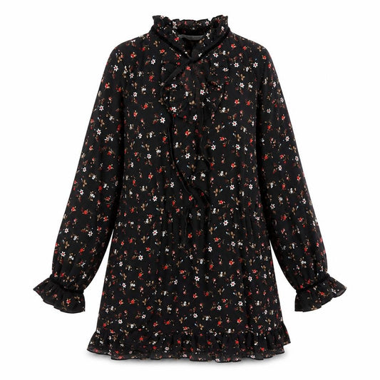 Front view of Zara women’s black floral polyester a-line, size L, v-neck pullover