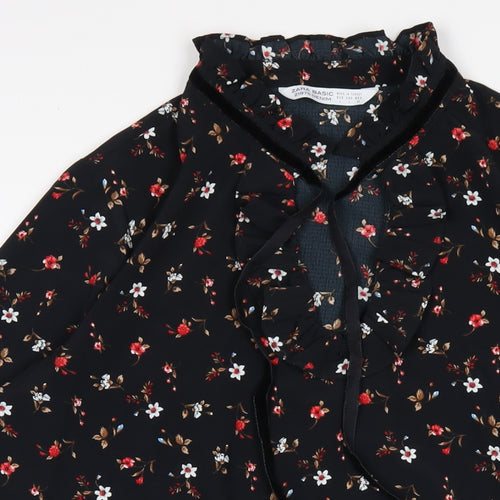 Zara Womens Black Floral Polyester A-Line Size L V-Neck Pullover