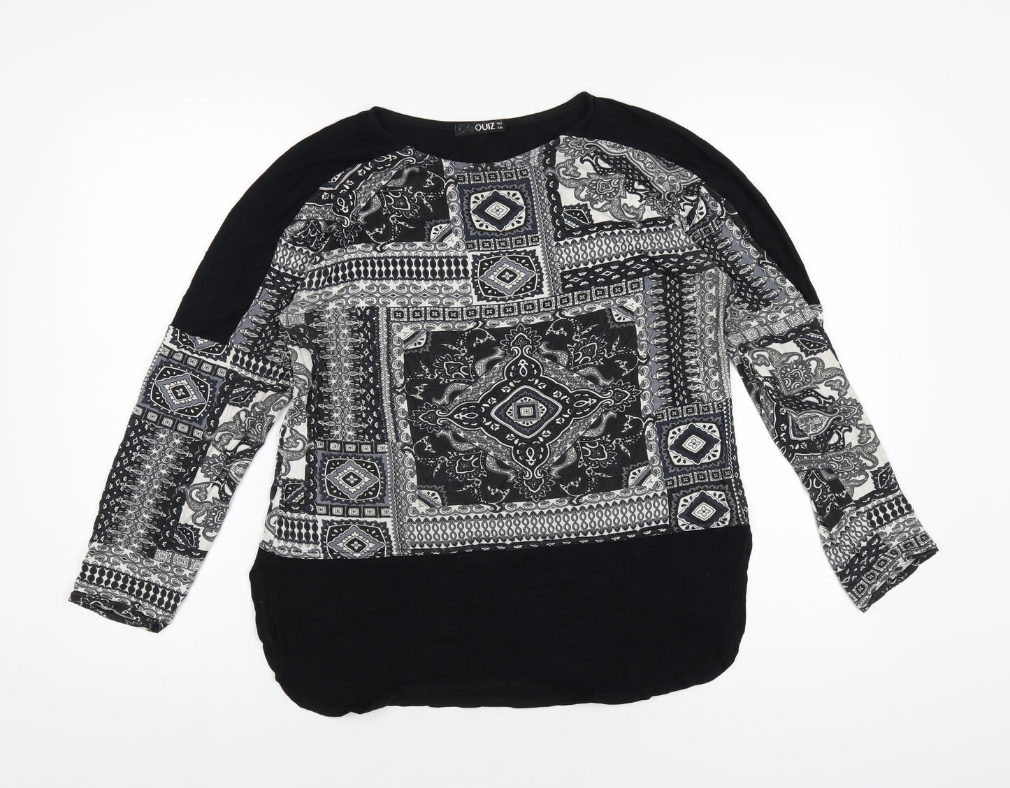Quiz Womens Black Geometric Viscose Basic T-Shirt Size 10 Round Neck