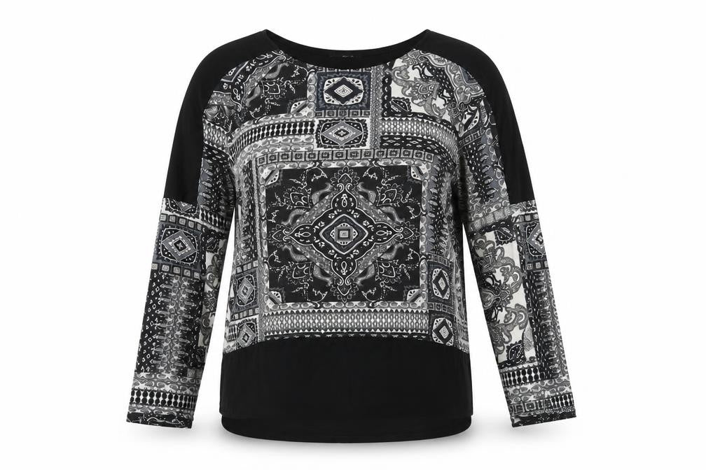 Front view of Quiz women’s black geometric viscose basic t-shirt, size UK 10, round neck