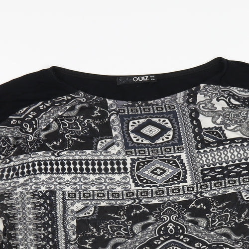 Quiz Womens Black Geometric Viscose Basic T-Shirt Size 10 Round Neck