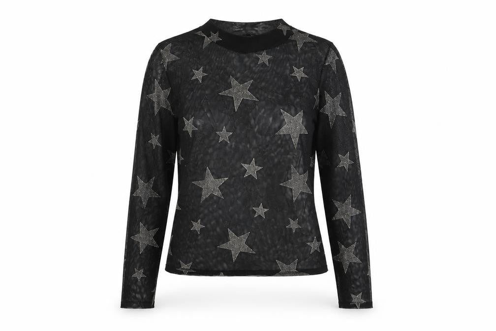 Front view of New Look women’s black geometric polyester basic t-shirt, size UK 6, mock neck