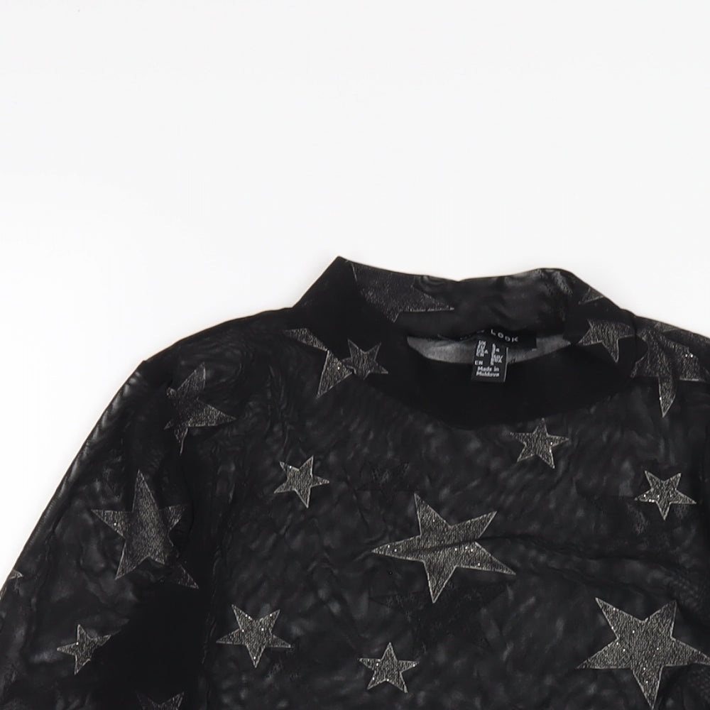 New Look Womens Black Geometric Polyester Basic T-Shirt Size 6 Mock Neck