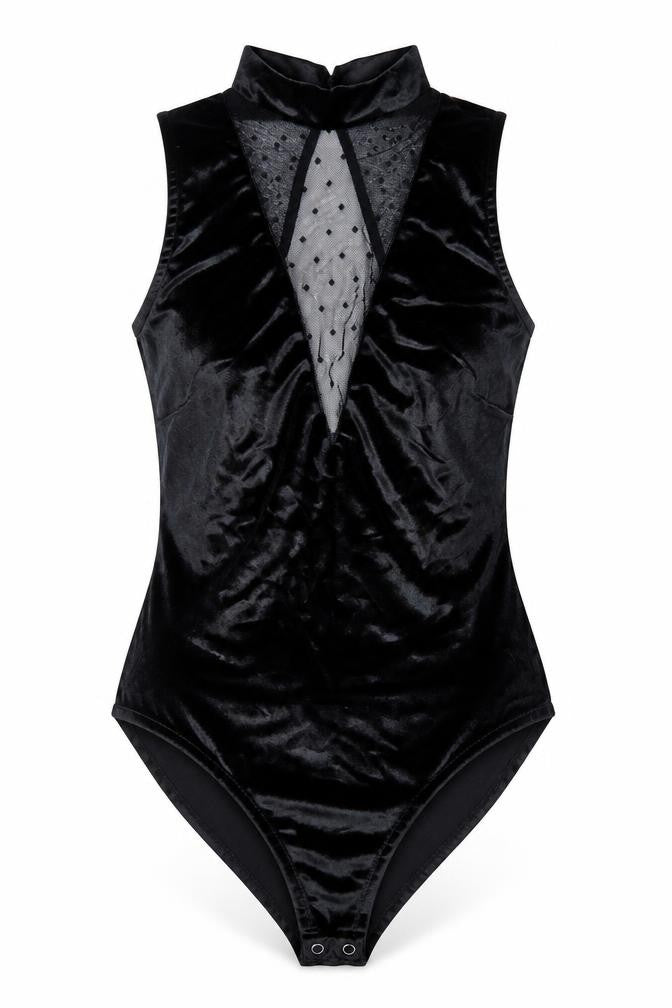 Front view of New Look women’s black polyester bodysuit one-piece, size UK 8, snap
