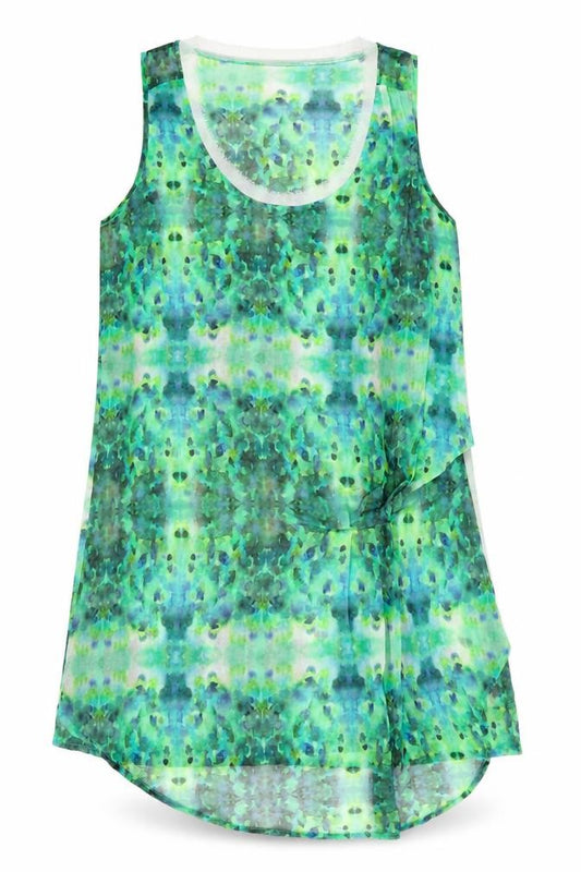 Front view of Label Lab women’s green geometric polyester a-line, size UK 14, scoop neck pullover