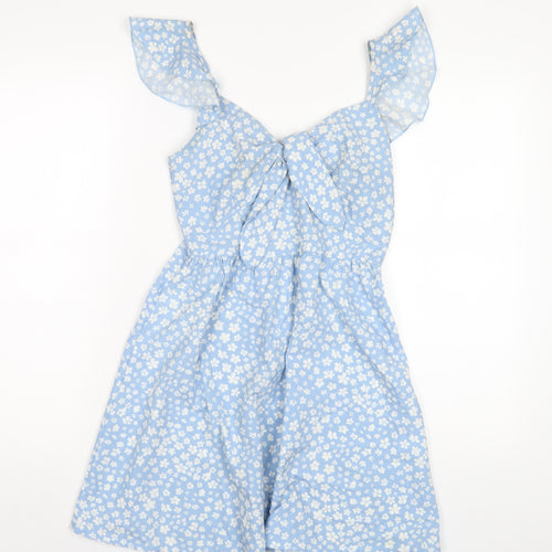 QED London Womens Blue Floral Polyester A-Line Size 6 V-Neck Zip