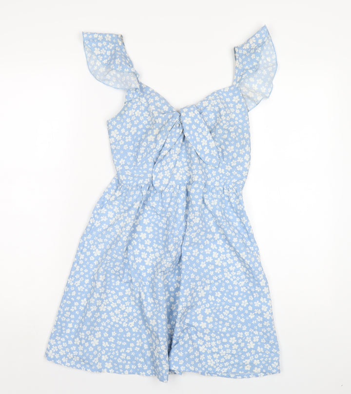 QED London Womens Blue Floral Polyester A-Line Size 6 V-Neck Zip