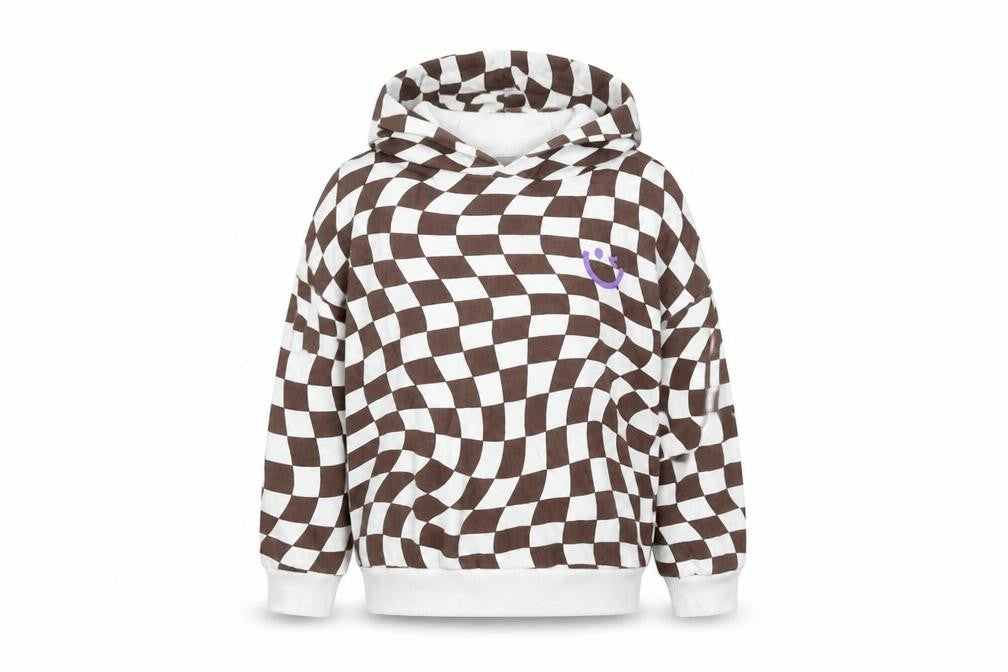 Front view of Next girls’ white geometric cotton pullover hoodie, size 4-5, years pullover