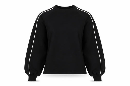 Front view of Boohoo women’s black polyester pullover sweatshirt, size UK 14, pullover