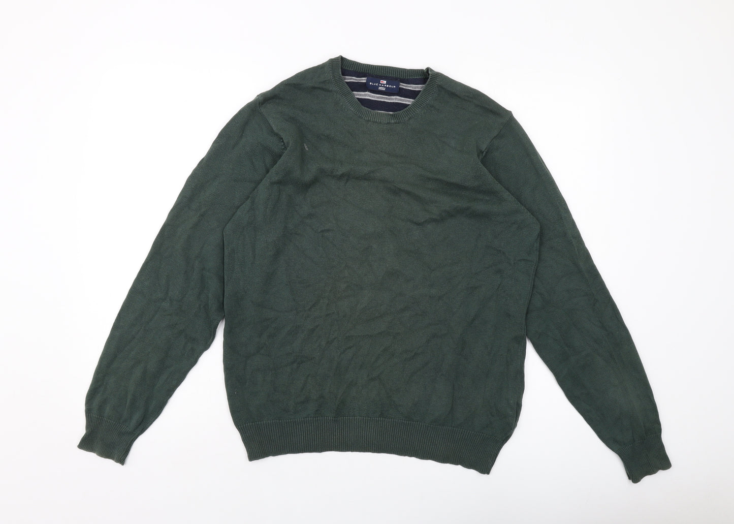 Blue Harbour Mens Green Crew Neck Cotton Pullover Jumper Size M Long Sleeve