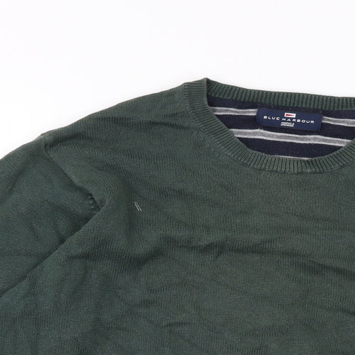 Blue Harbour Mens Green Crew Neck Cotton Pullover Jumper Size M Long Sleeve