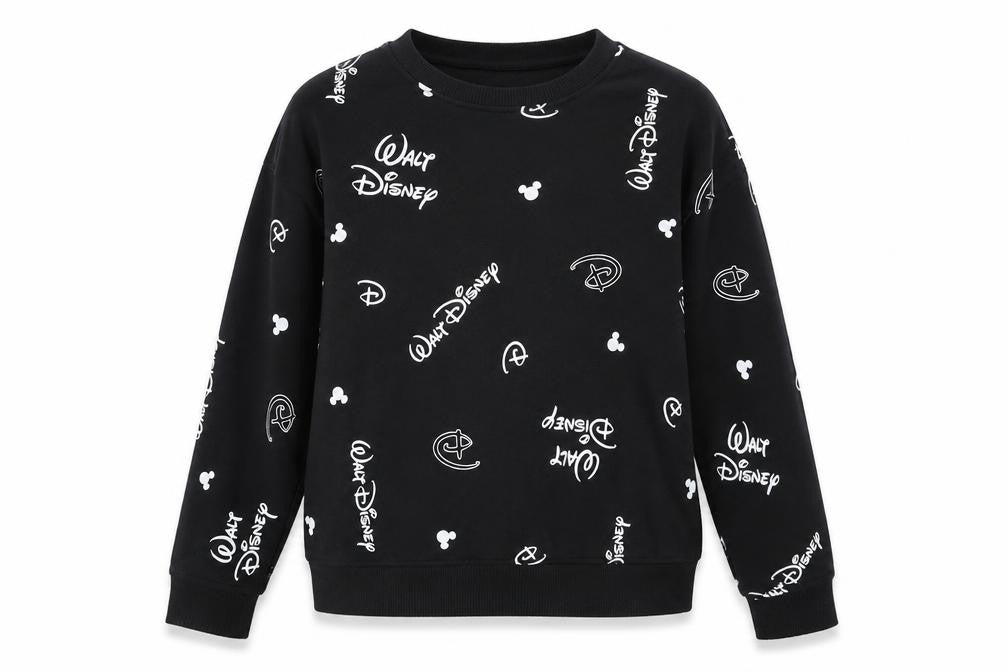 Front view of Disney women’s black geometric cotton pullover sweatshirt, size S, pullover