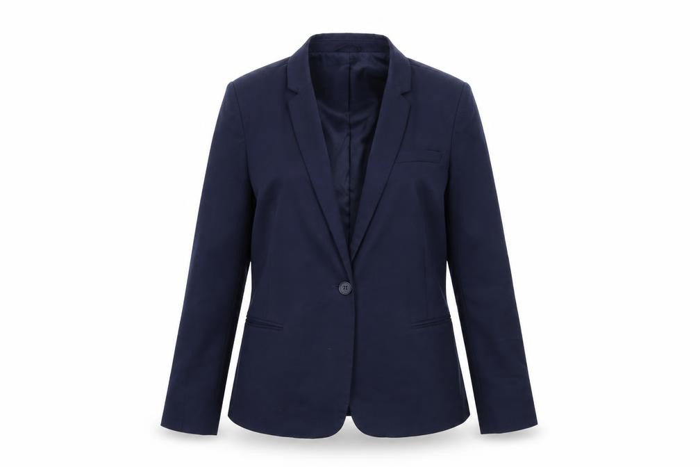 Front view of Next women’s blue jacket, size UK 10, button