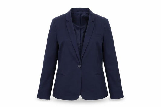 Front view of Next women’s blue jacket, size UK 10, button