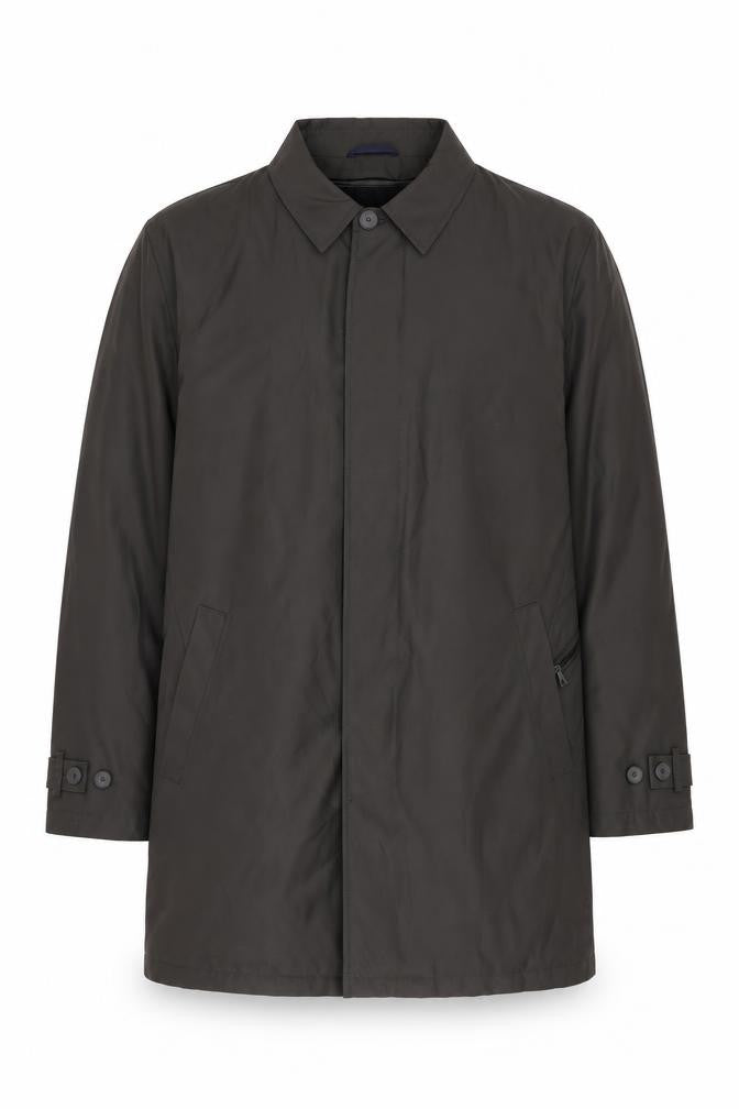 Front view of Autograph men’s green overcoat coat, size L, button