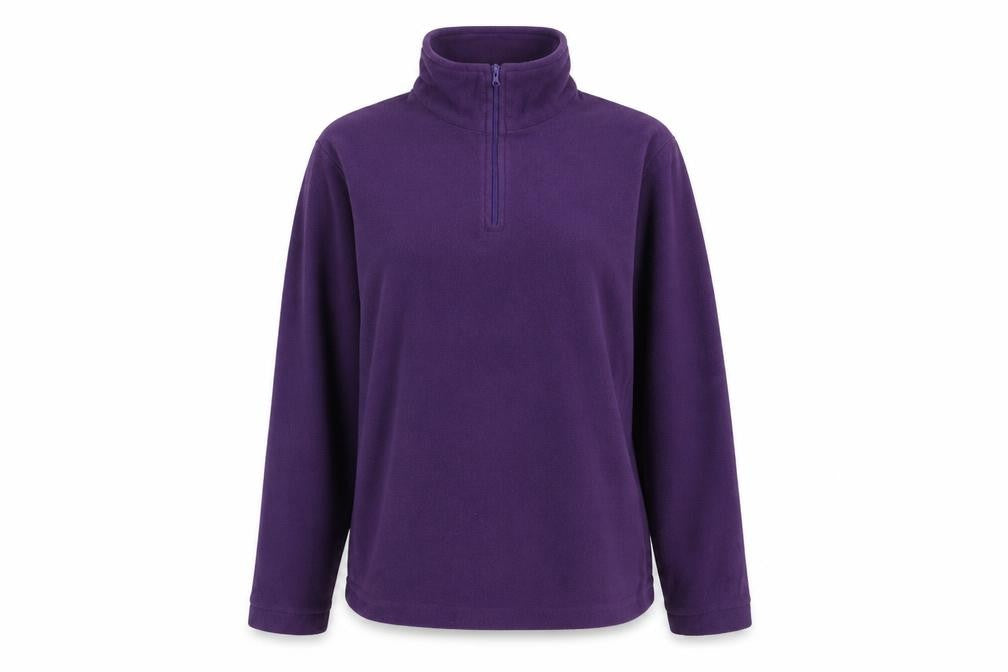 Front view of Mountain Essential women’s purple polyester pullover sweatshirt, size UK 10, zip