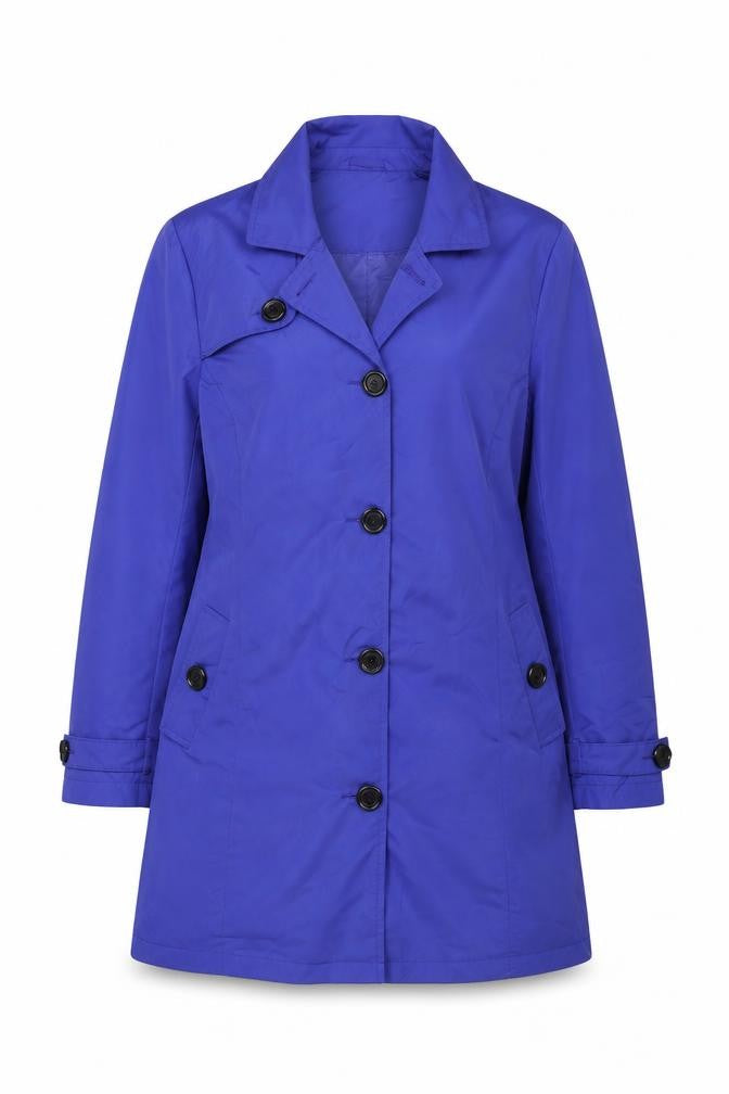 Front view of Damart women’s blue overcoat coat, size UK 16, button