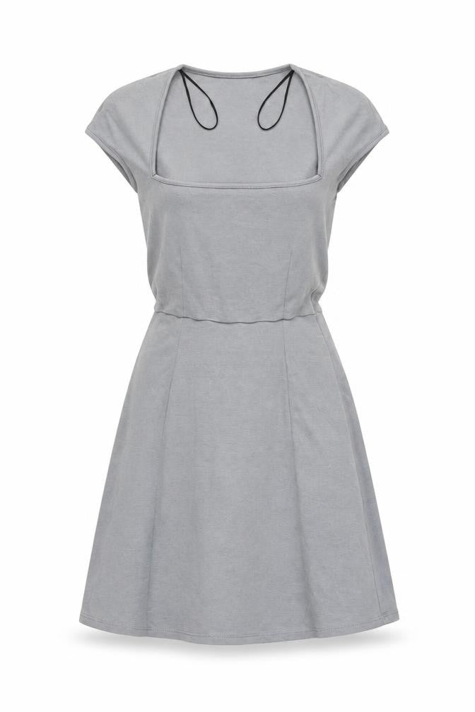 Front view of H&M women’s grey viscose mini size 2xs square neck pullover