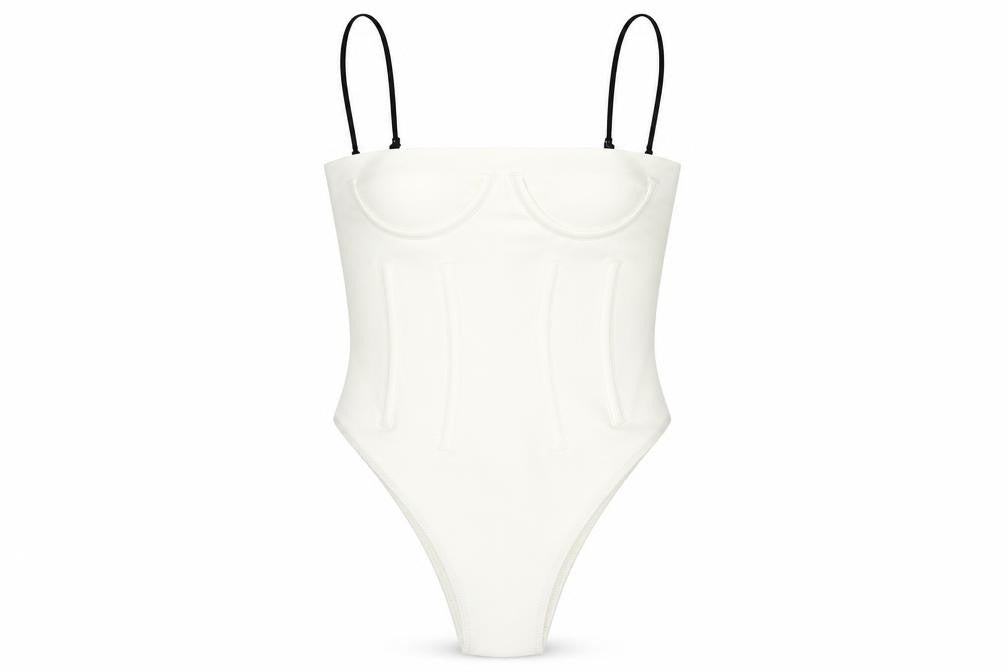 Front view of H&M women’s ivory polyamide bodysuit one-piece, size UK 6, snap