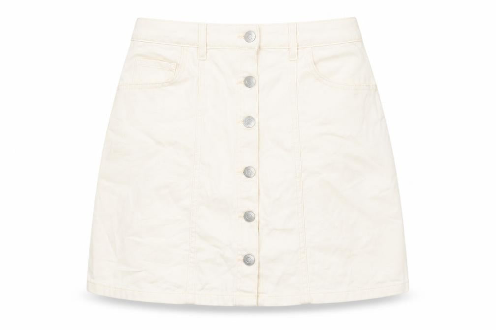 Front view of Tulchan women’s beige cotton mini skirt, size UK 12, button