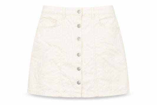 Front view of Tulchan women’s beige cotton mini skirt, size UK 12, button