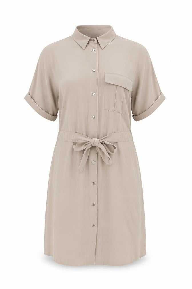Front view of Dorothy Perkins women’s beige polyester shirt dress, size UK 10, collared button