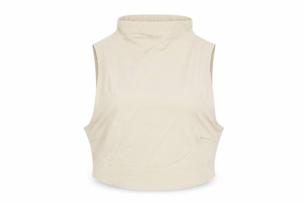 Front view of PRETTYLITTLETHING women’s beige viscose cropped tank, size UK 8, mock neck