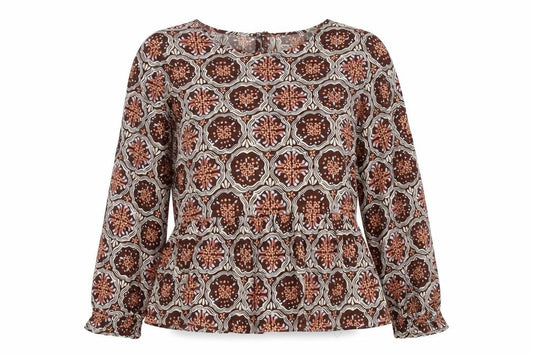 Front view of BURGS women’s multicoloured geometric polyester basic blouse, size UK 10, round neck