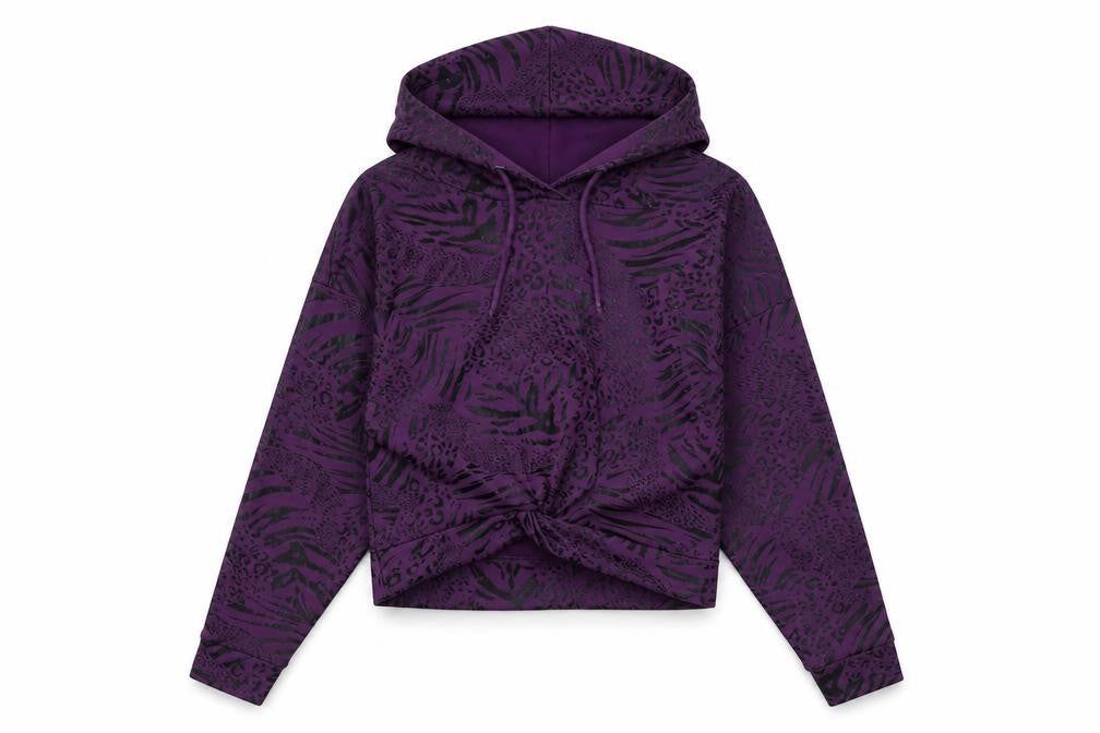 Front view of 11 Degrees women’s purple animal print polyester pullover hoodie, size UK 8, pullover