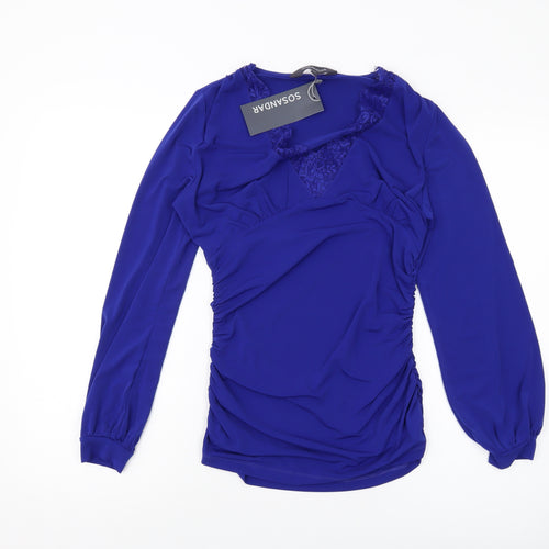 Sosadar Womens Blue Polyester Basic Blouse Size 10 V-Neck