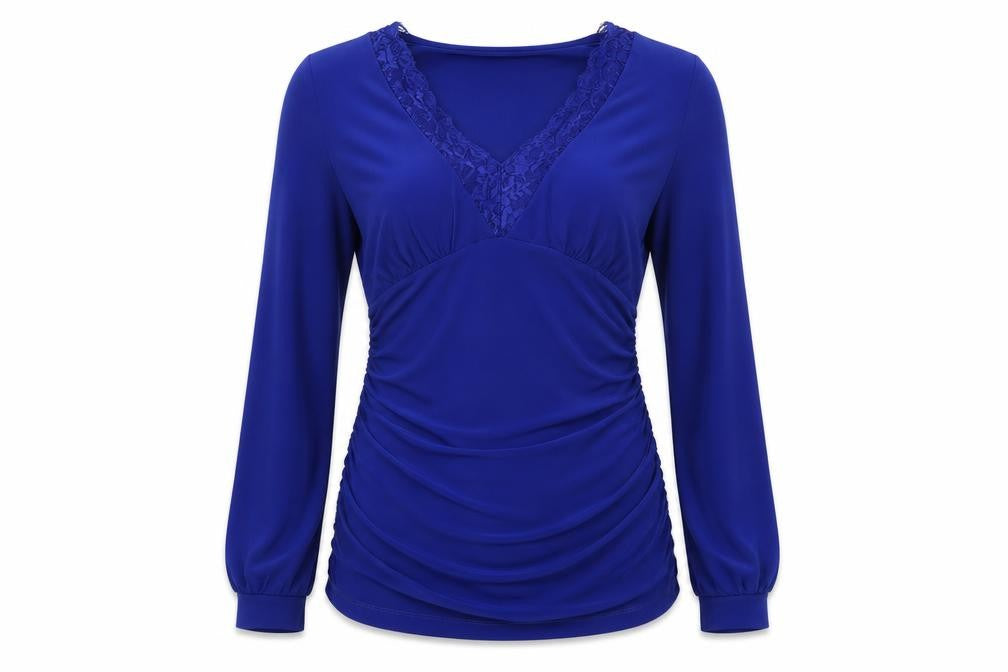 Front view of Sonsandar women’s blue polyester basic blouse, size UK 10, v-neck