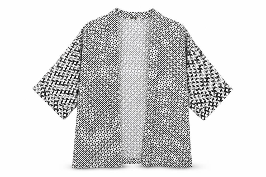 Front view of Miss Selfridge women’s beige geometric jacket, size UK 8