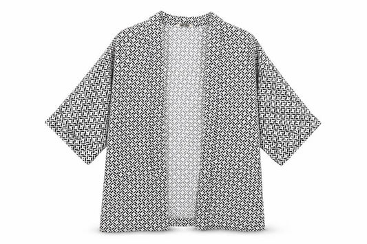 Front view of Miss Selfridge women’s beige geometric jacket, size UK 8