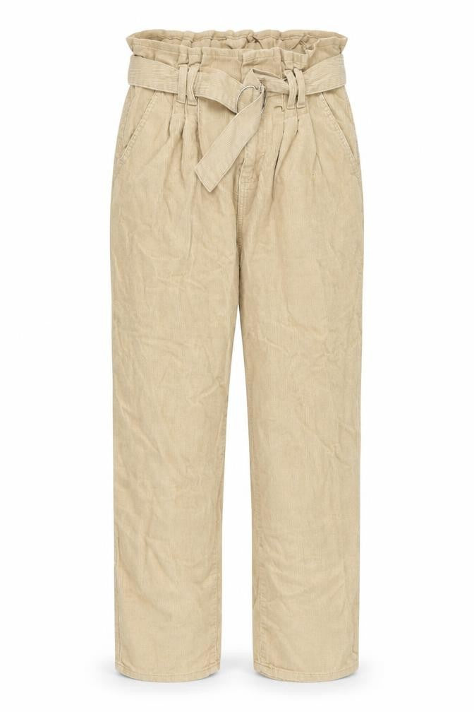 Front view of Denim & Co. women’s beige cotton trousers, size UK 12, 27-inch leg regular button