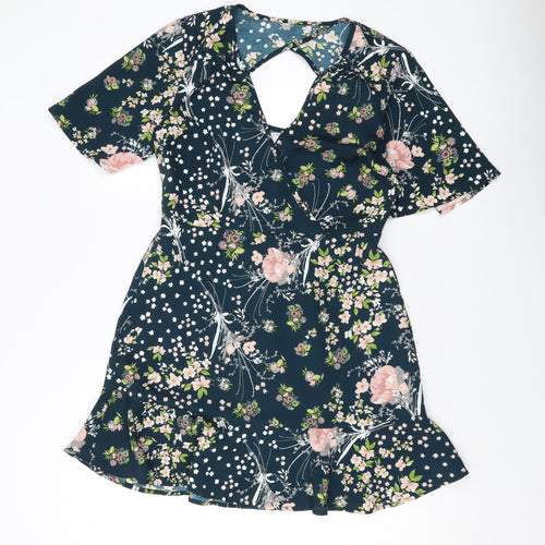 Band of Gypsies Womens Blue Floral Polyester A-Line Size S V-Neck