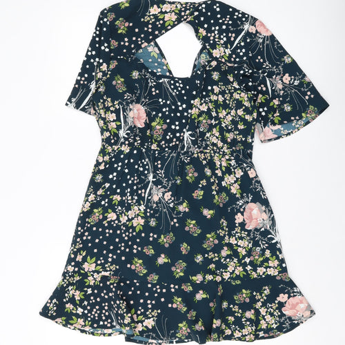 Band of Gypsies Womens Blue Floral Polyester A-Line Size S V-Neck