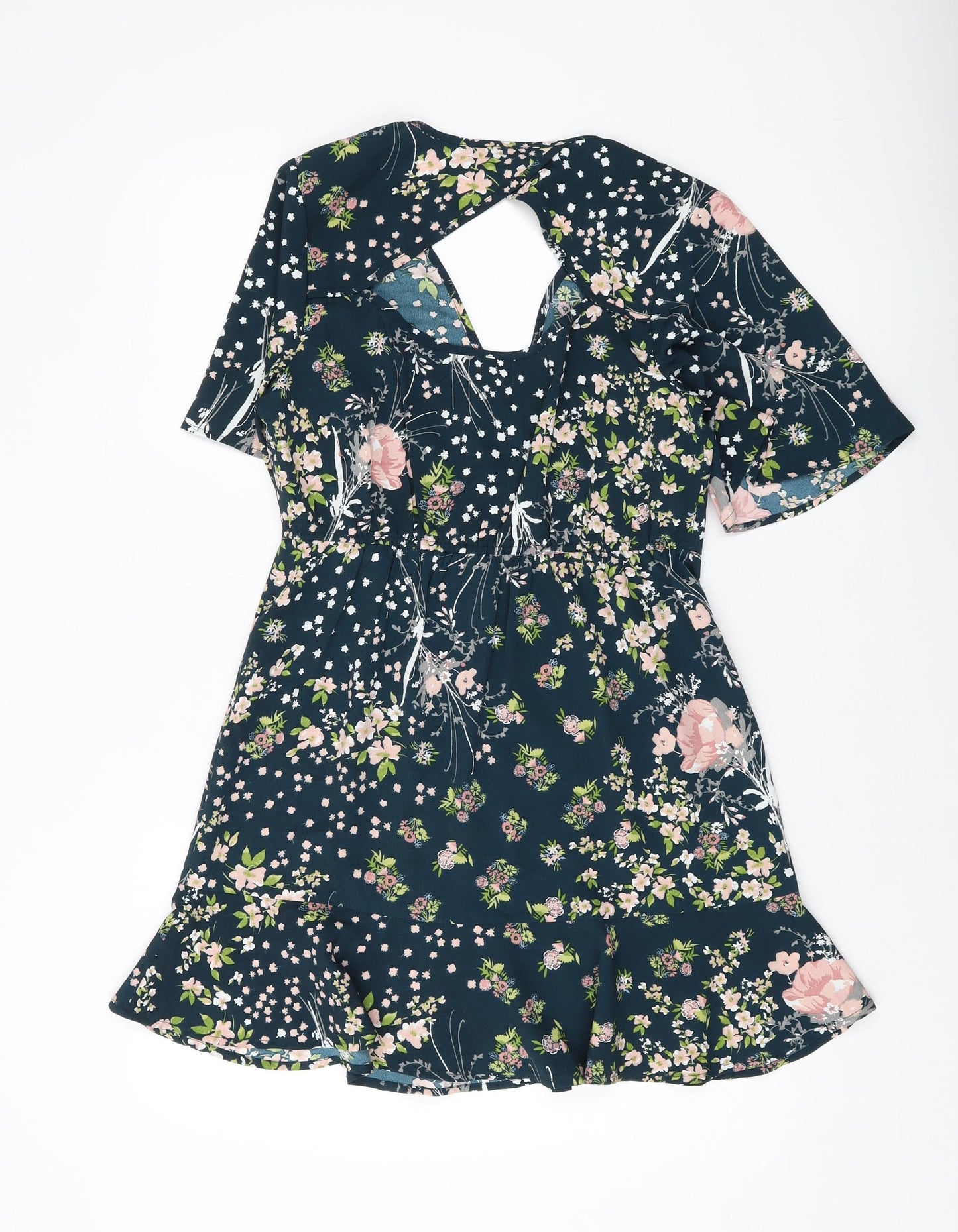 Band of Gypsies Womens Blue Floral Polyester A-Line Size S V-Neck