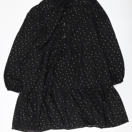 Marks and Spencer Womens Black Geometric Polyester A-Line Size 14 Collared Button