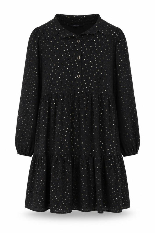 Front view of Marks & Spencer women’s black geometric polyester a-line, size UK 14, collared button