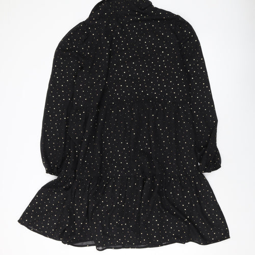 Marks and Spencer Womens Black Geometric Polyester A-Line Size 14 Collared Button