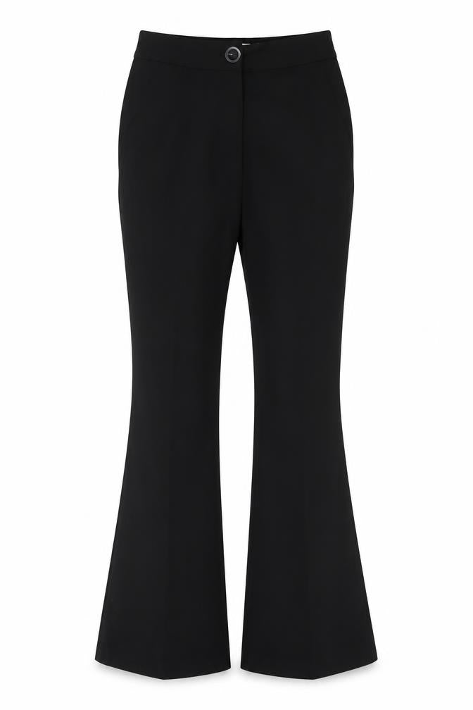 Front view of Silenzi women’s black polyester trousers, size UK 4, 29-inch leg regular button