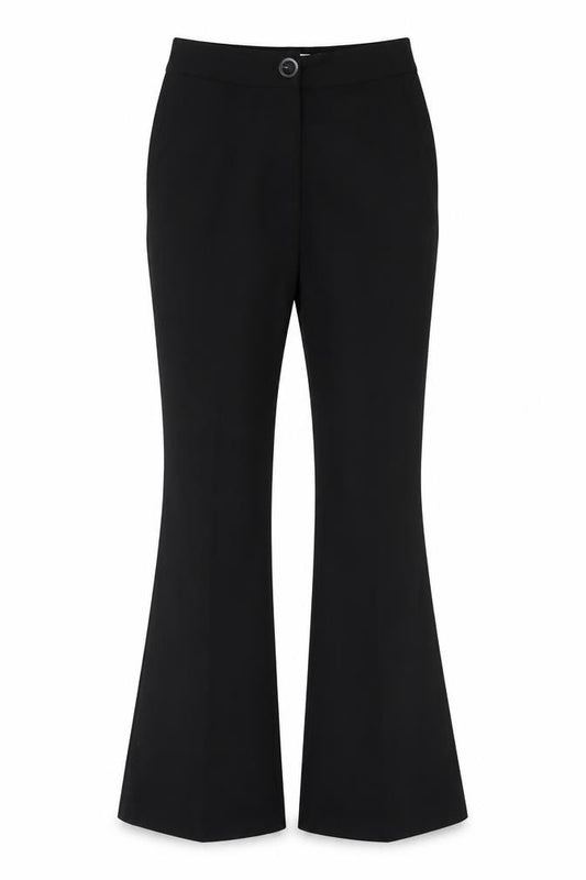 Front view of Silenzi women’s black polyester trousers, size UK 4, 29-inch leg regular button